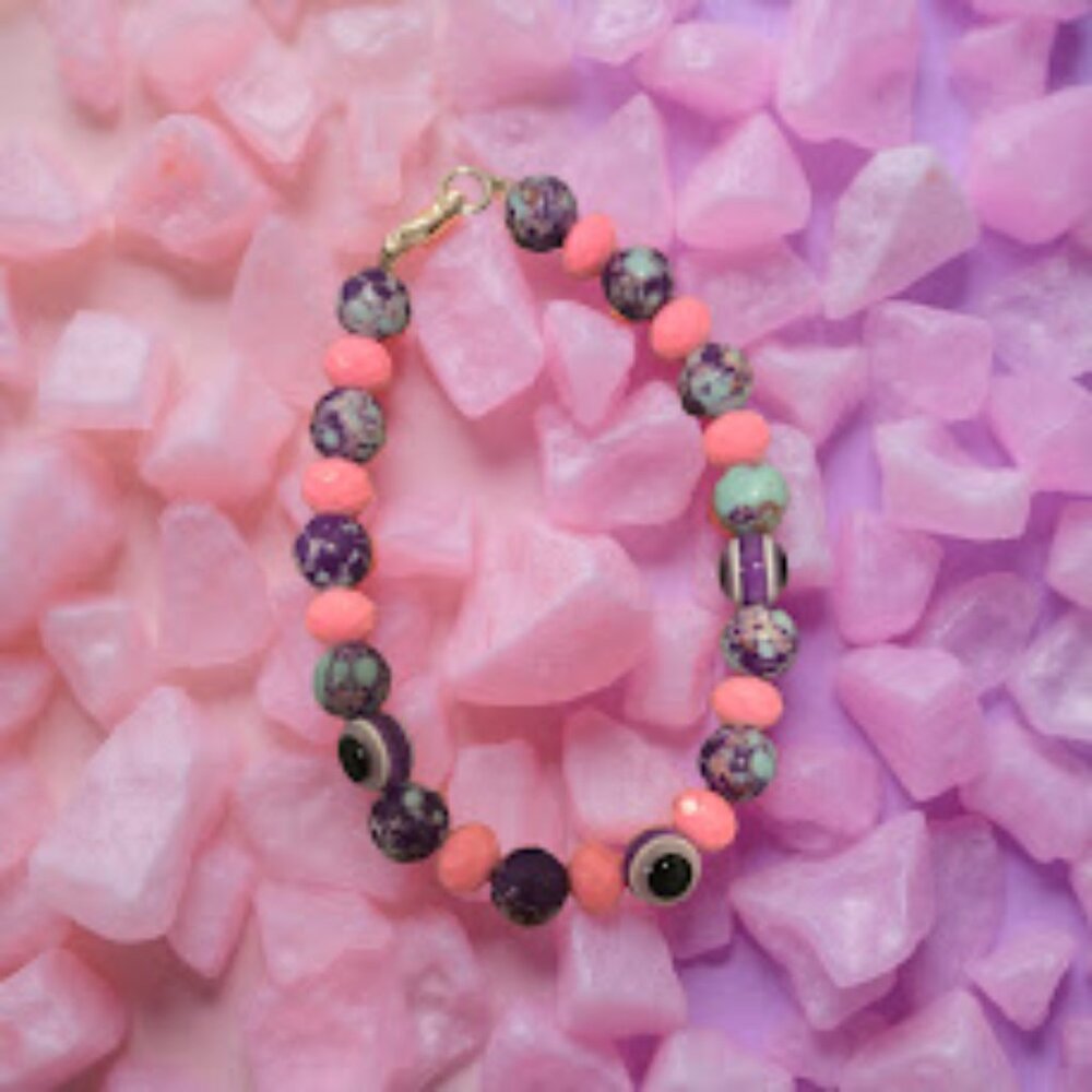 Jasper, Hot pink glass beads, and evil eye purple beaded bracelet~ 7 inches